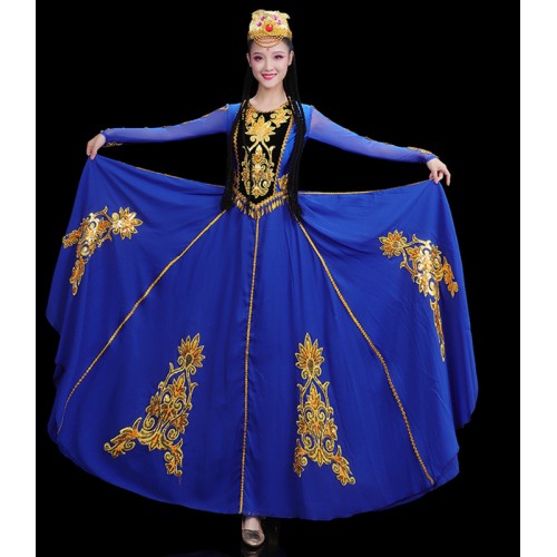 Women royal blue Chinese Xinjiang dance Dresses minority xinjiang Uyghur dance Stage performance costumes practice big skirt